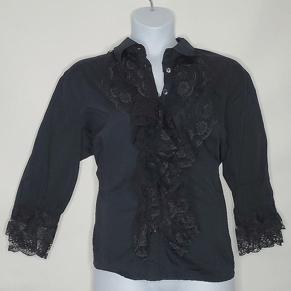Ruffle Lace Front Shirt Size 2X Black Button-up Top Lace Trim Cuff Steampunk - Picture 2 of 13